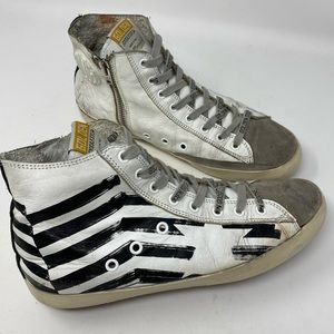 Golden Goose White and Black Striped High-Tops
